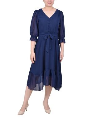 NY Collection Navy Blue Midi Dress with Tie Waist